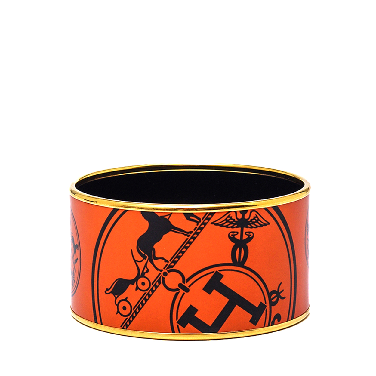 Hermes -Caléche Rodeo Print Wide Enamel Bracelet Orange M 